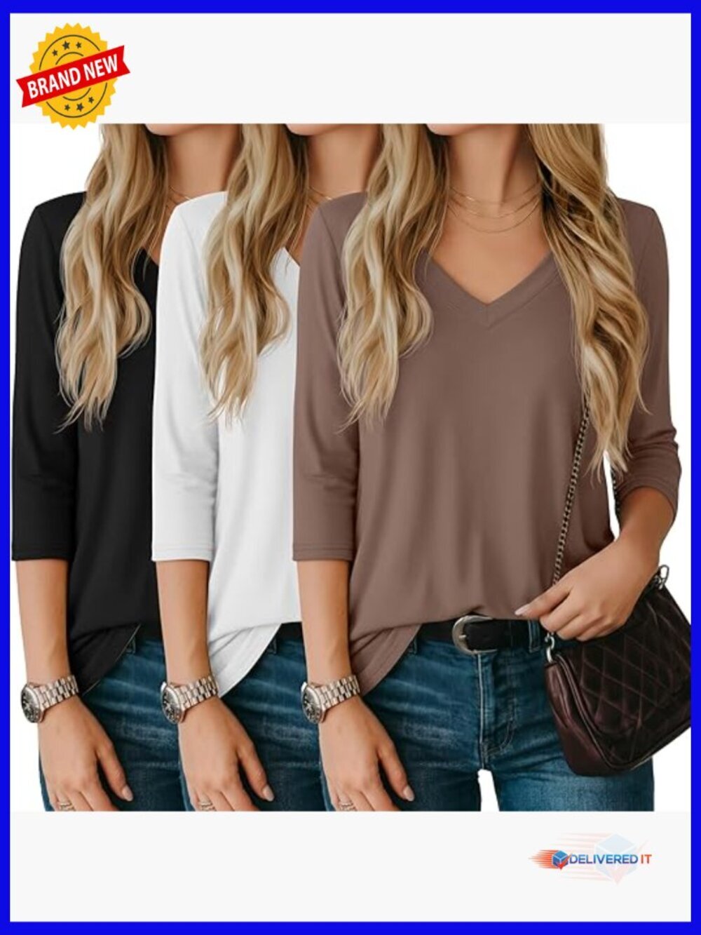 3 Pack V Neck 3/4 Sleeve Tunic Tees for Women Dressy Casual Loose Fit